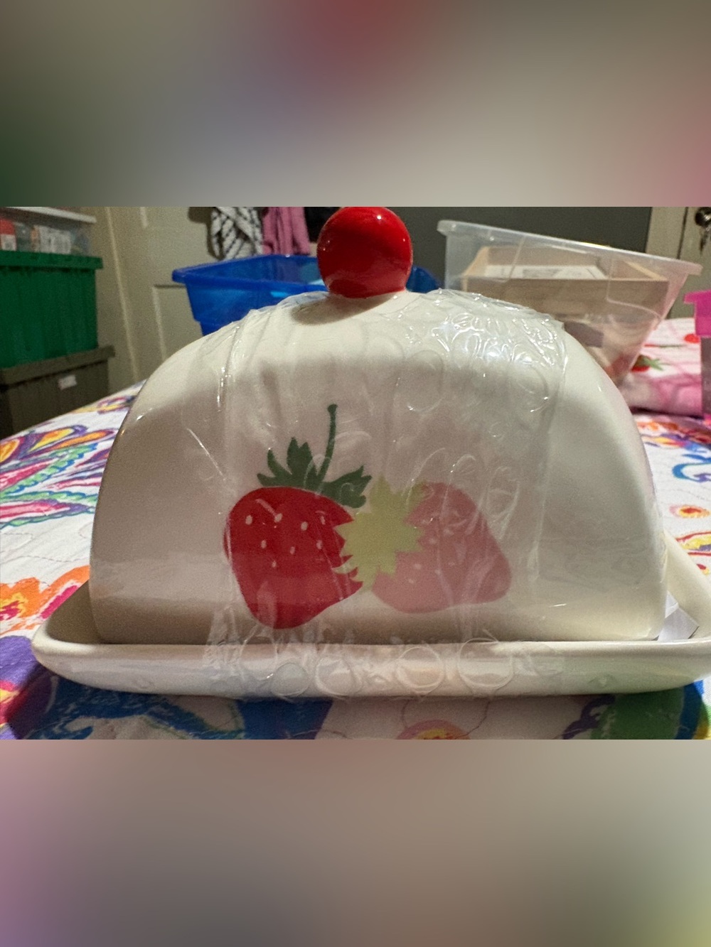 Strawberry Ceramic Butter Dish with Red Knob - Classic Kitchen Storage